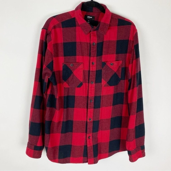 URBAN PIPELINE Black Red Check Cotton Flannel Button Up Shirt Mens Size L - Picture 1 of 4
